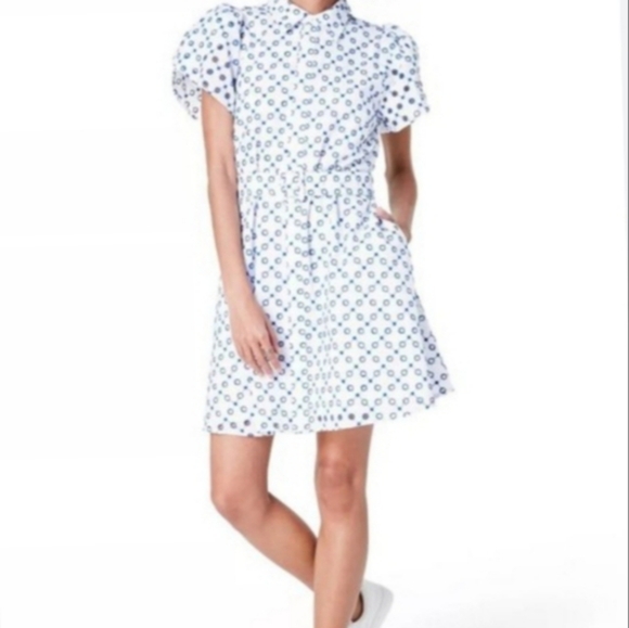 Alexis Dot Tulip Short Sleeve Blue White Embroidered Mini Dress - Picture 3 of 16